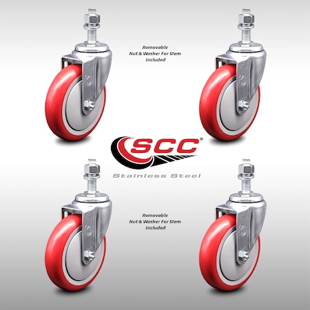 Service Caster 5 Inch SS Red Polyurethane Wheel Swivel 12mm Threaded Stem Caster Set SCC SCC-SSTS20S514-PPUB-RED-M1215-4